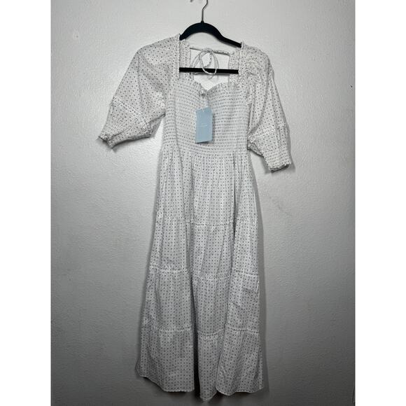 Hill House Dresses & Skirts - Hill House Nesli Nap Midi Dress White Ruffled Smocked Tiered Short Sleeve Sz S